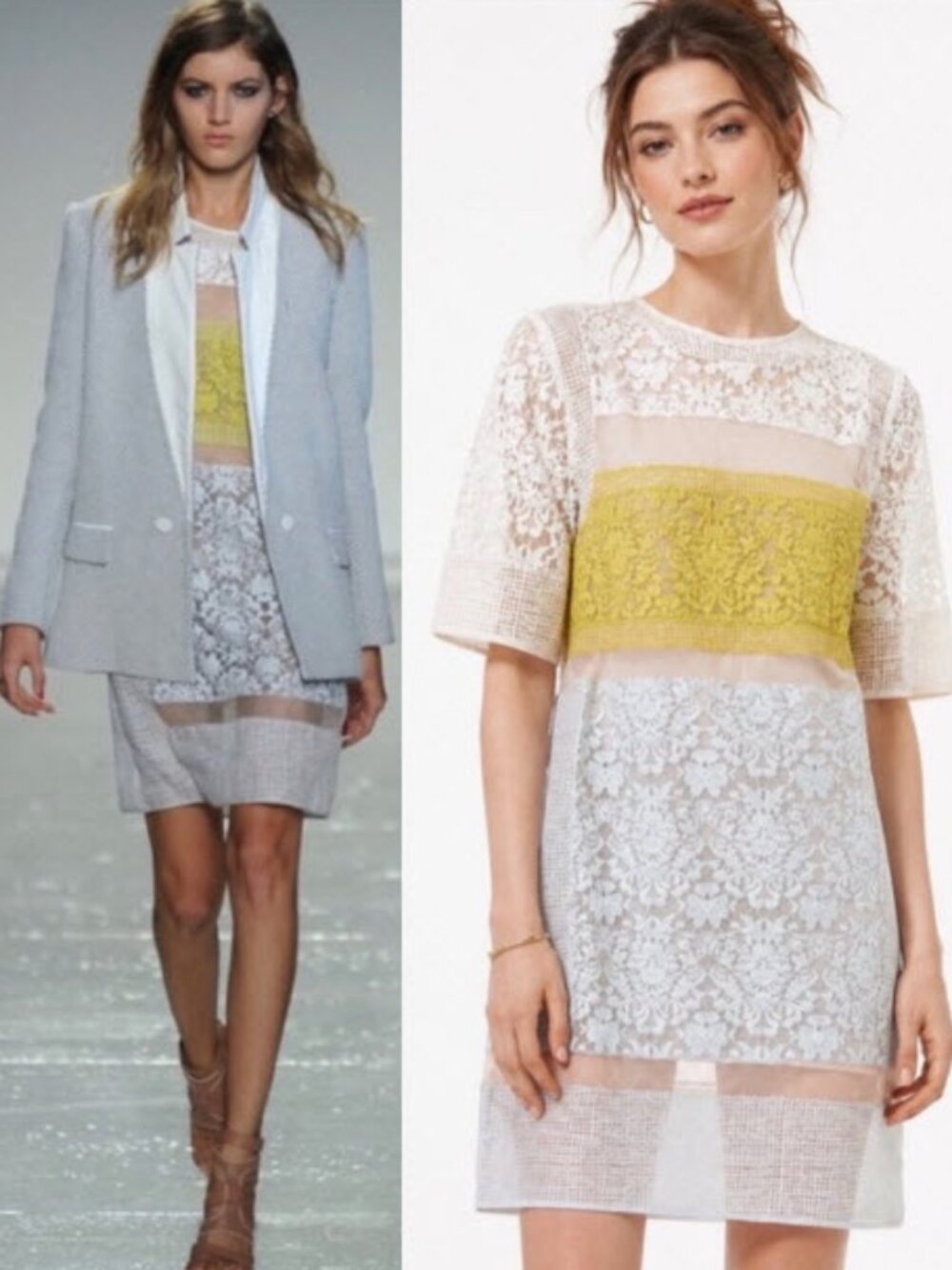 Rebecca Taylor Runway Lace Patchwork Silk Dress Shift Yellow Ivory Size 4 Boho